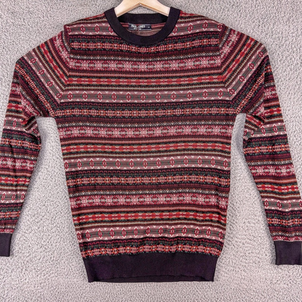 Paul Jones Sweater Mens Small Brown‎ Black Fair Isle Pattern Crewneck Pullover
